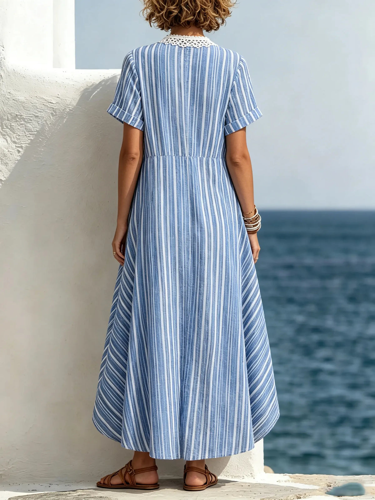 Robe midi rayée pour femme avec dentelle, col en V et poches