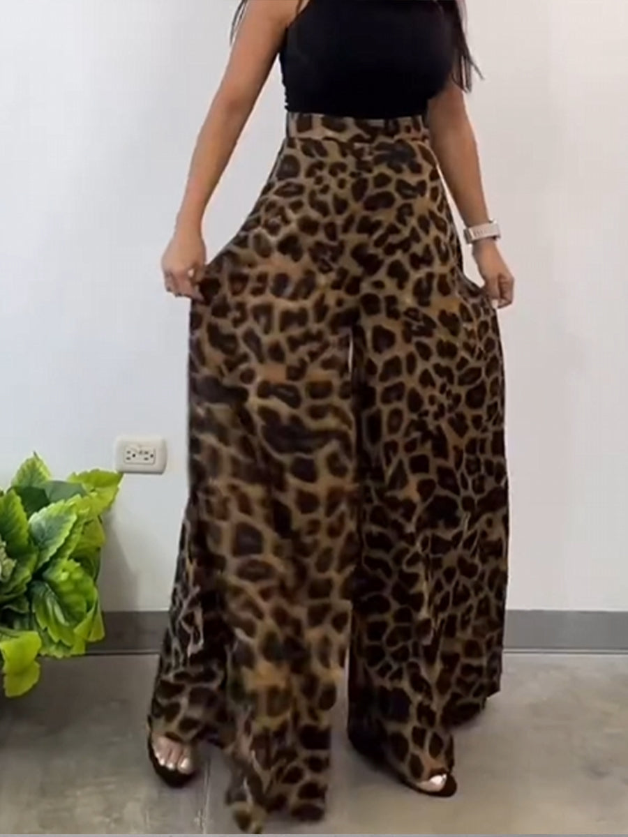 Pantalon large élégant à imprimé léopard