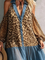 Maxikleid für Damen mit Leopardenmuster, Chiffon, Denim-Patchwork und schulterfreiem Design