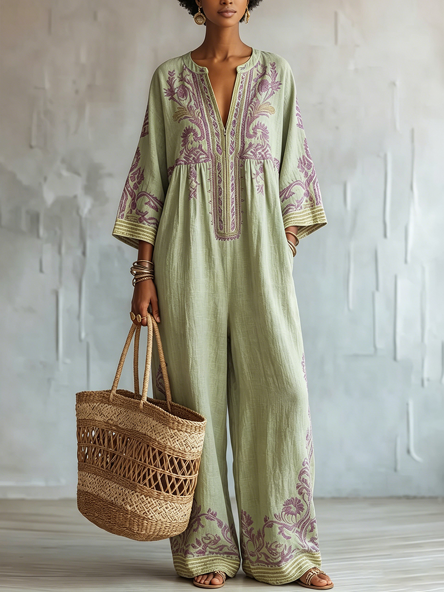 Tuta boho-chic in cotone e lino verde salvia