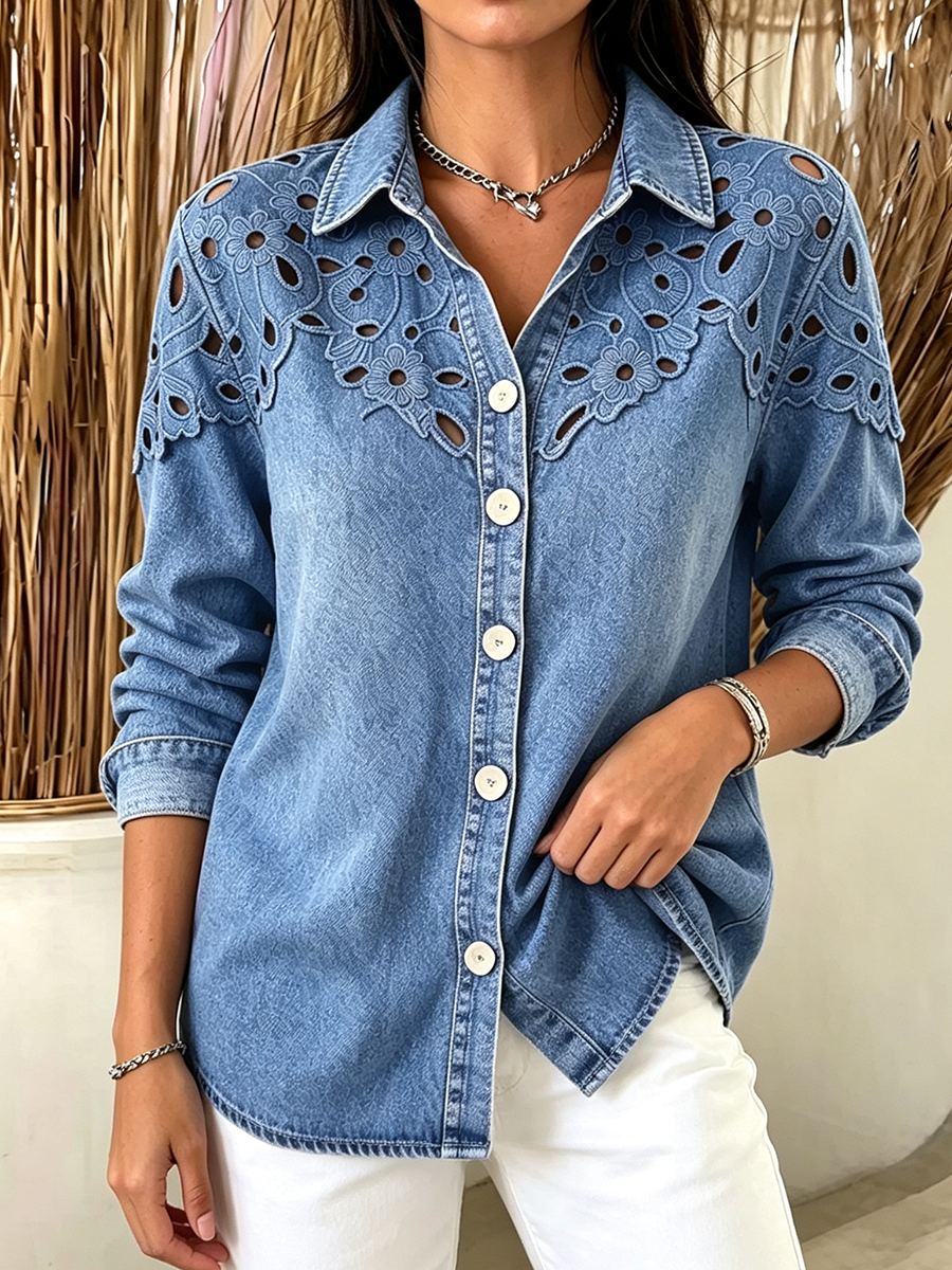 Schicke Jeansbluse mit floraler Stickerei