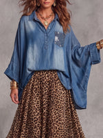 Vintage elegant jeanspatchworkskjorta med oregelbunden ficka