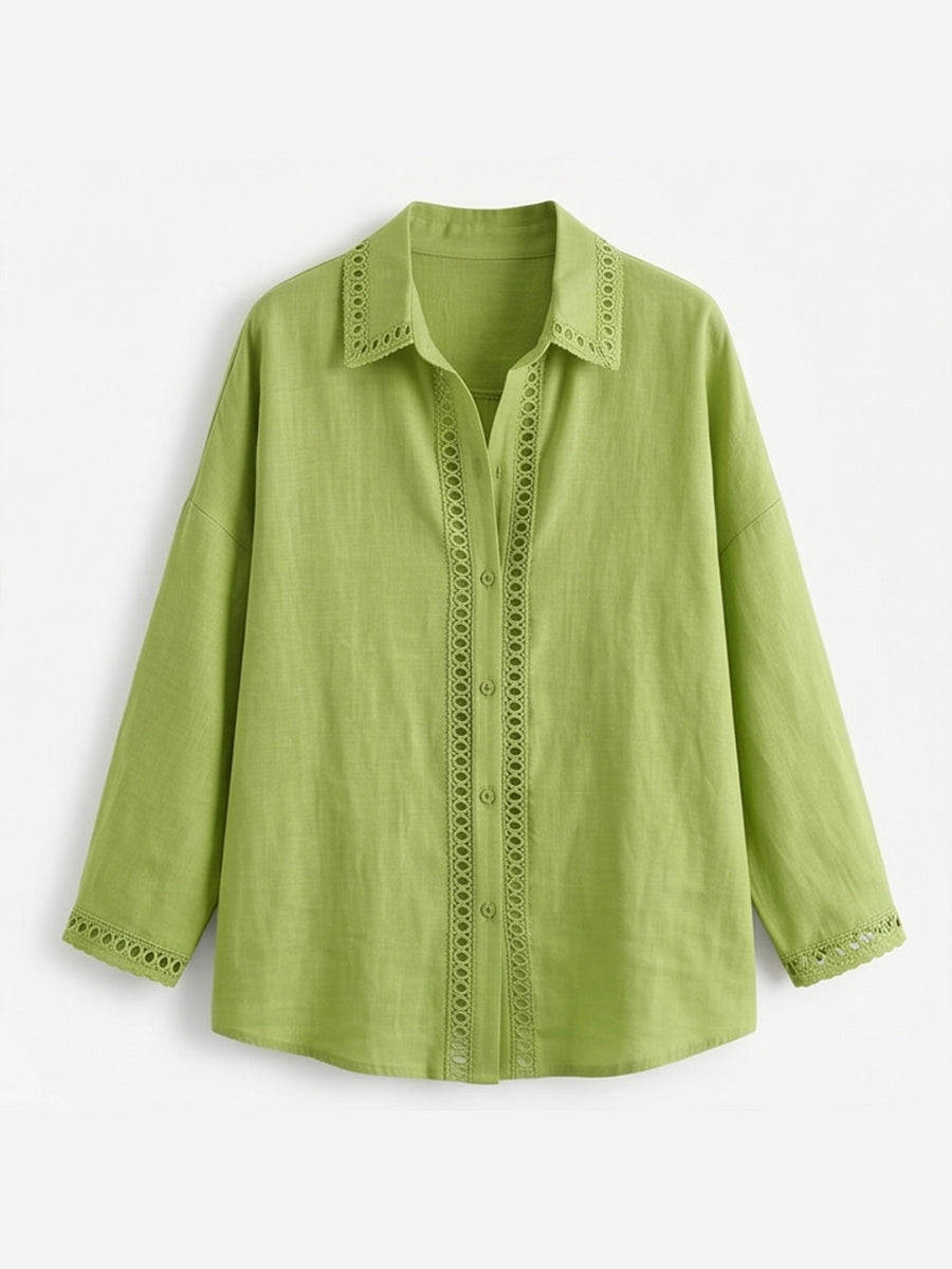 Camicia casual a maniche lunghe in lino e cotone con inserto in nastro traforato