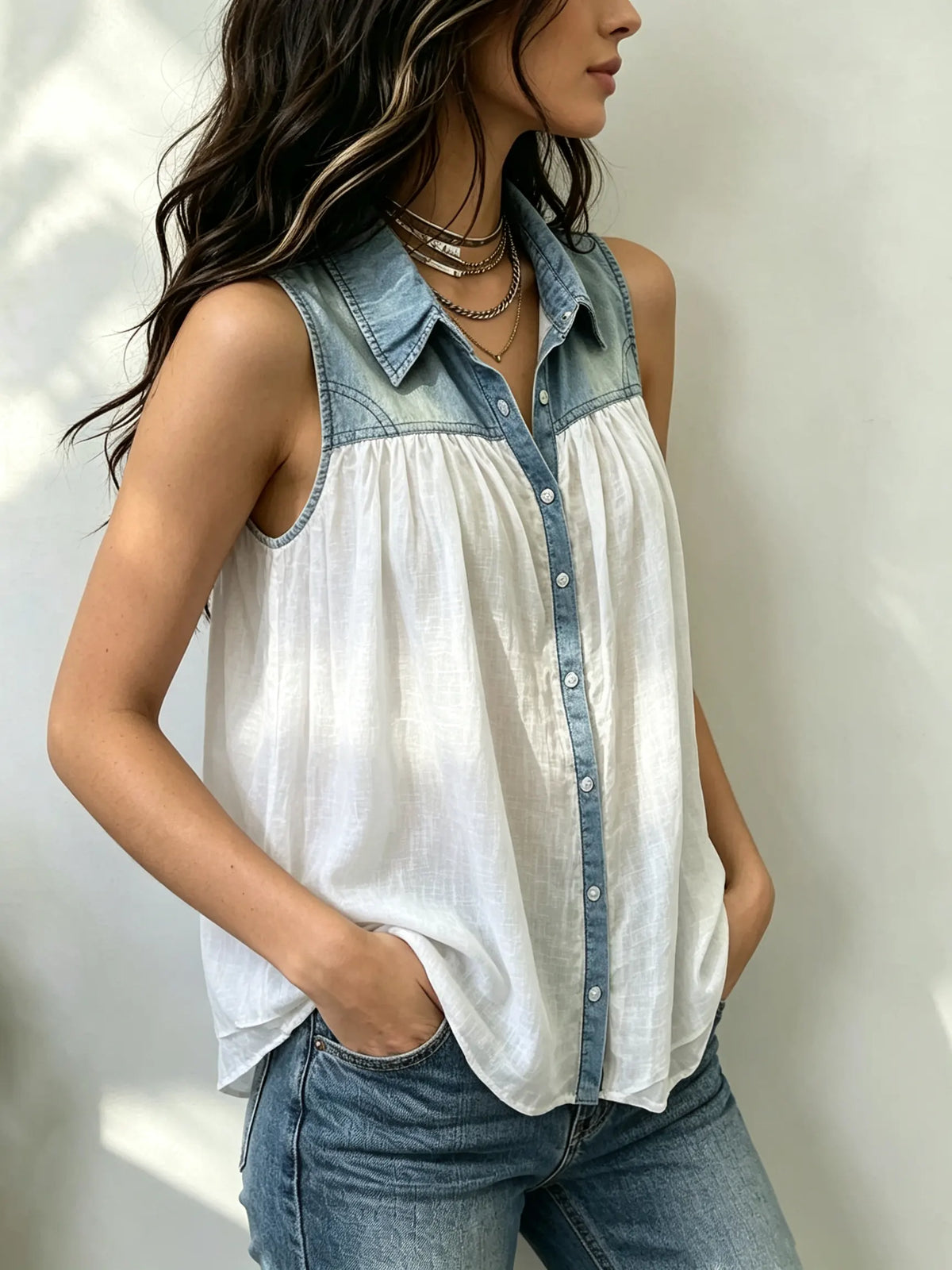Ärmelloses Damen-Top aus Denim mit Patchwork und Knopfleiste