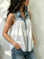 Ärmelloses Damen-Top aus Denim mit Patchwork und Knopfleiste
