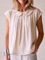 Camicia classica elegante in cotone-lino plissettata con colletto Peter Pan