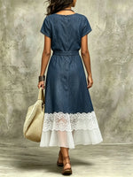 Robe midi en denim pour femme avec patchwork en dentelle