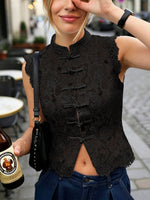Elegant Chic Lace Hollow Sleeveless Art Casual Stand Collar Shirt