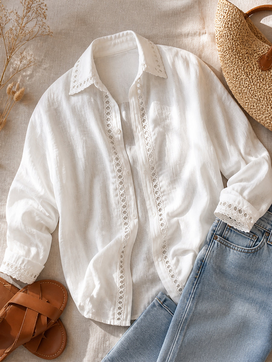 Camicia casual a maniche lunghe in lino e cotone con inserto in nastro traforato