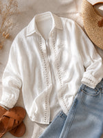 Camicia casual a maniche lunghe in lino e cotone con inserto in nastro traforato