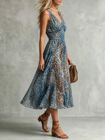 Vestito midi da donna con scollo a V e stampa leopardata