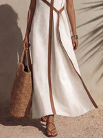 Vestido casual solto de algodão e linho para mulher, sem mangas, com gola alta.