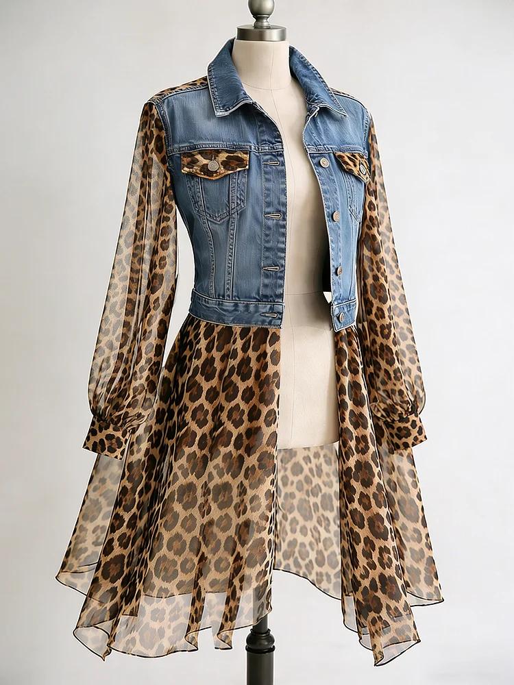 Vestito patchwork in denim e stampa leopardata