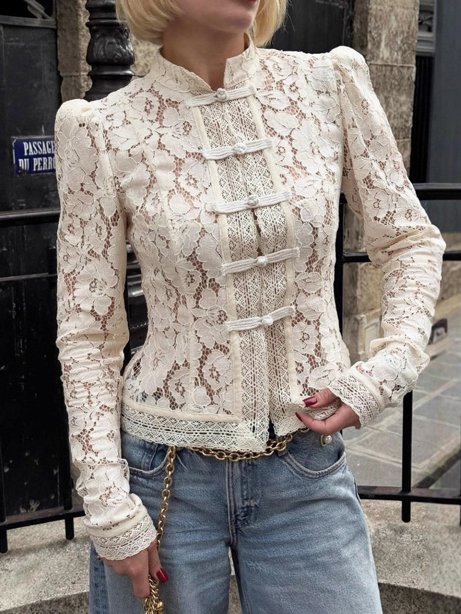 Damen Retro Blumen Spitzen Hohles Kunst Freizeit Stilvolles Langarmshirt