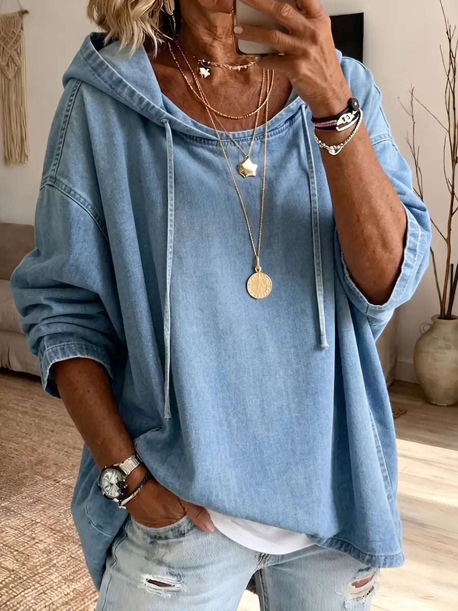 Sudadera con capucha de mezclilla holgada y cordón casual