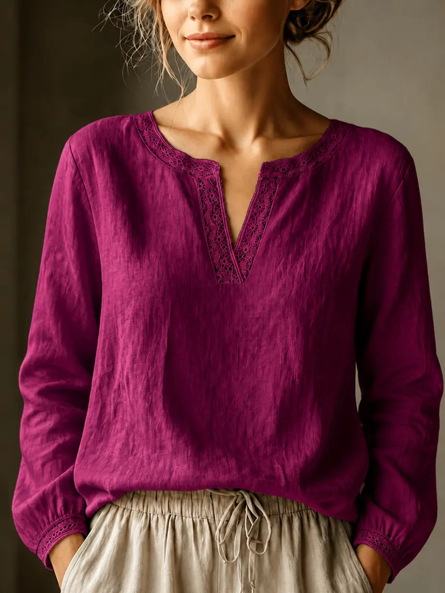 Elegante Bluse mit V-Ausschnitt aus Leinenmischung und Spitzenbesatz
