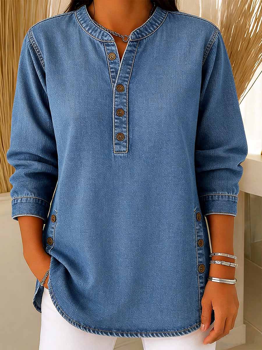 Blusa casual de mezclilla para mujer, de manga larga, con cuello en V y botones, holgada