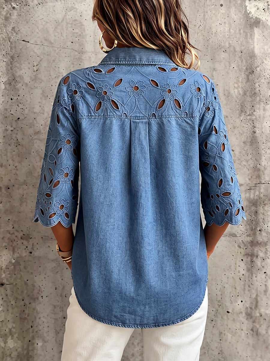 Elegantes Boho-Spitzenhemd mit Blumenmuster und dreiviertel Ärmeln aus Denim