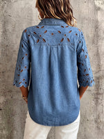 Elegantes Boho-Spitzenhemd mit Blumenmuster und dreiviertel Ärmeln aus Denim