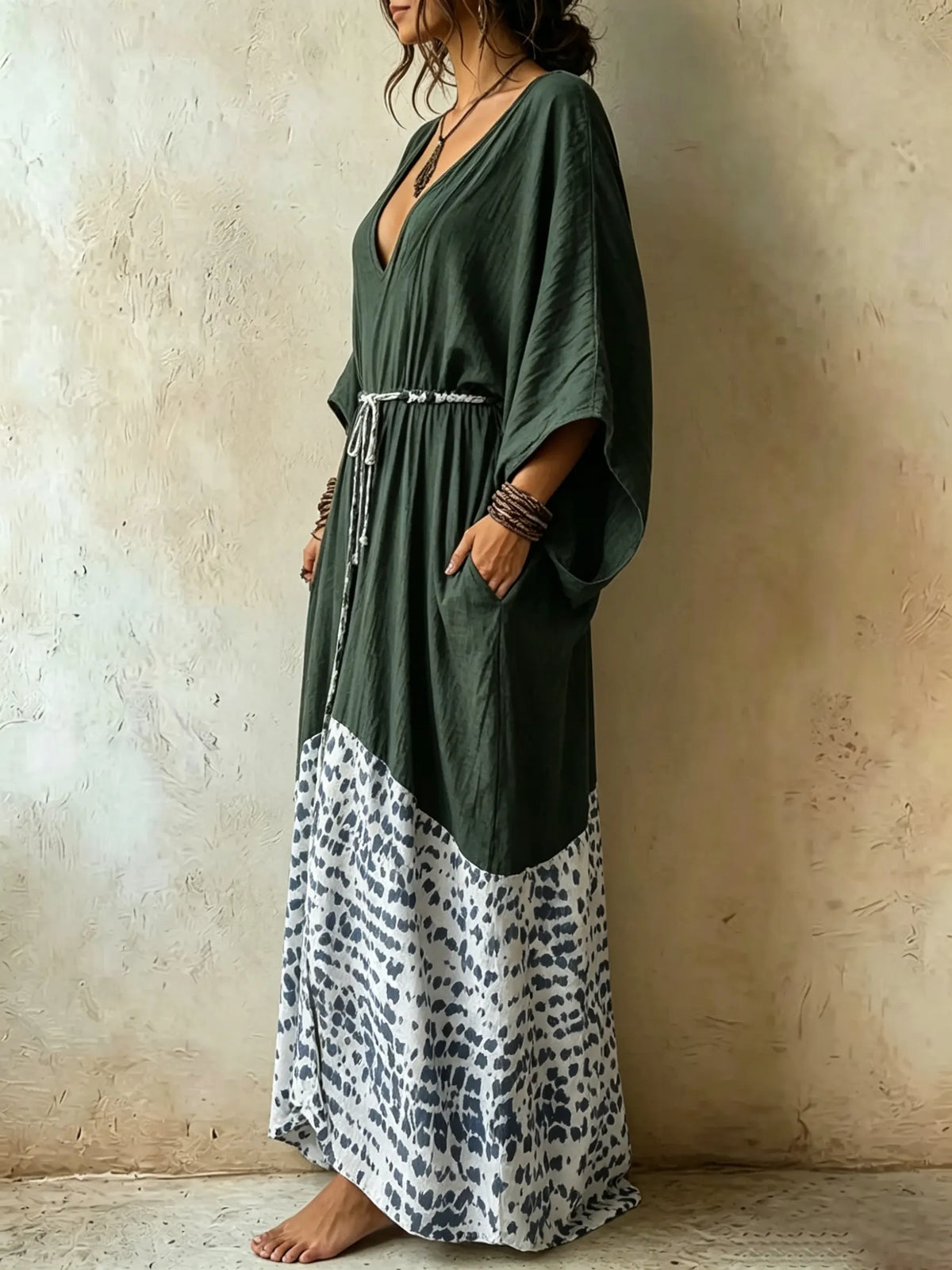 Damen Maxikleid mit Leopardenmuster, V-Ausschnitt und lockerem Schnitt für den Urlaub