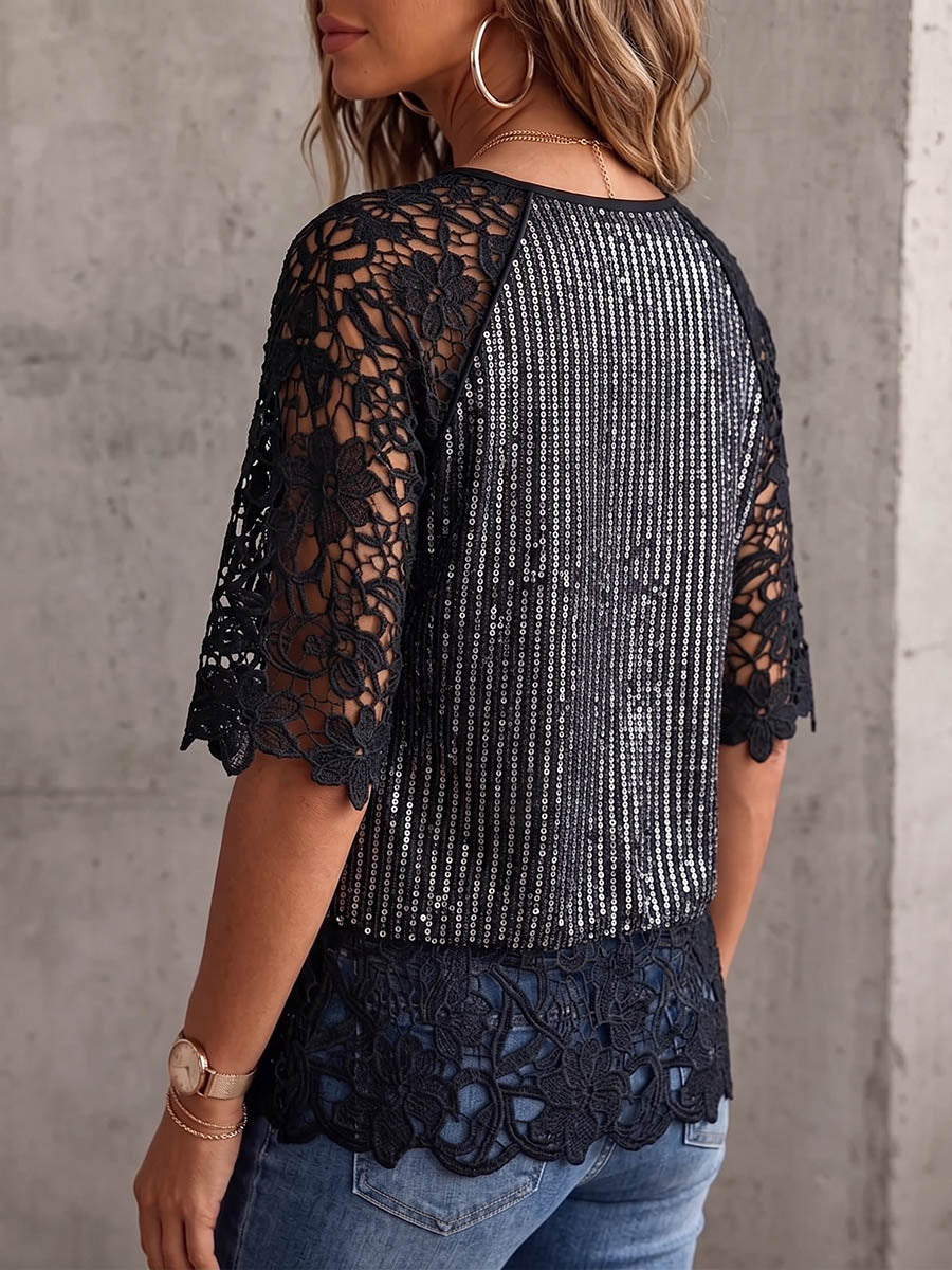 Camisa Vintage Elegante com Lantejoulas Brilhantes, Patchwork e Renda Recortada