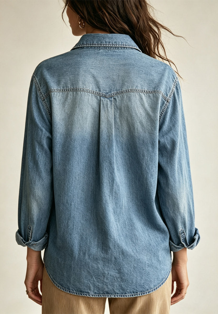 Retro denim losse kunst casual blouse met revers en lange mouwen