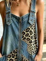 Dames Cropped Denim Overalls met Luipaard Patchwork en Eyelet Details