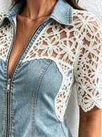 Dames Bloemen Hollow Kant Patchwork Rits Taille Korte Mouw Denim Blouse