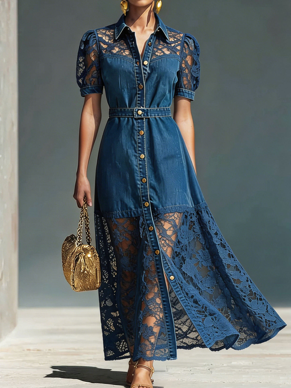 Maxikleid aus Denim mit Spitzen-Einsätzen, Puffärmeln und Gürtel für Damen