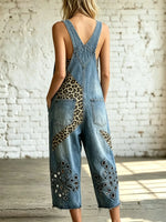 Dames Cropped Denim Overalls met Luipaard Patchwork en Eyelet Details
