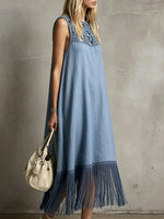 Damen Häkelkleid mit hohlem Muster, einfarbig, Quasten, ärmellos, Midi-Länge