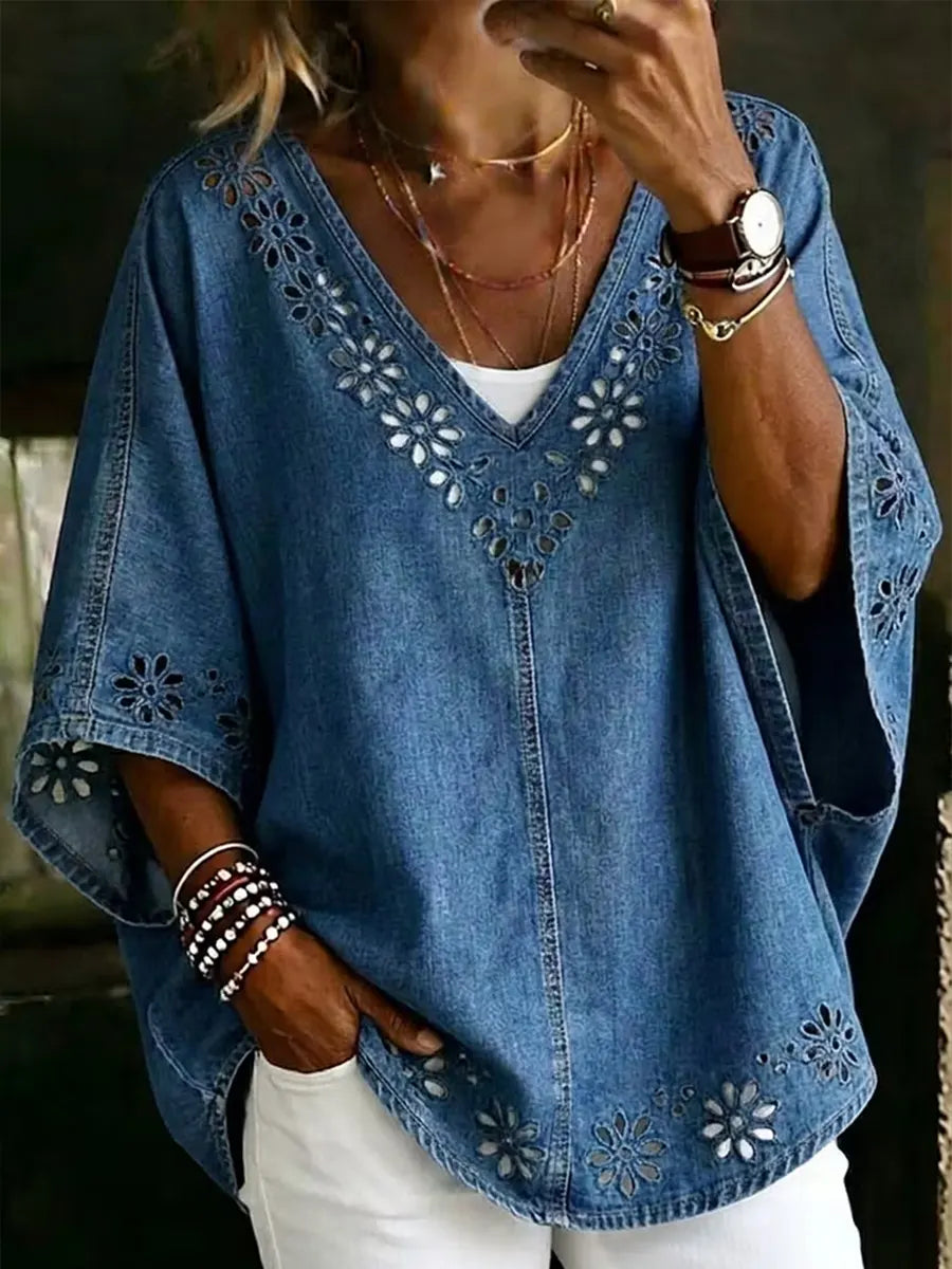 Boho-Chic Denim-Blumen-Augenausschnitt V-Ausschnitt Tunika