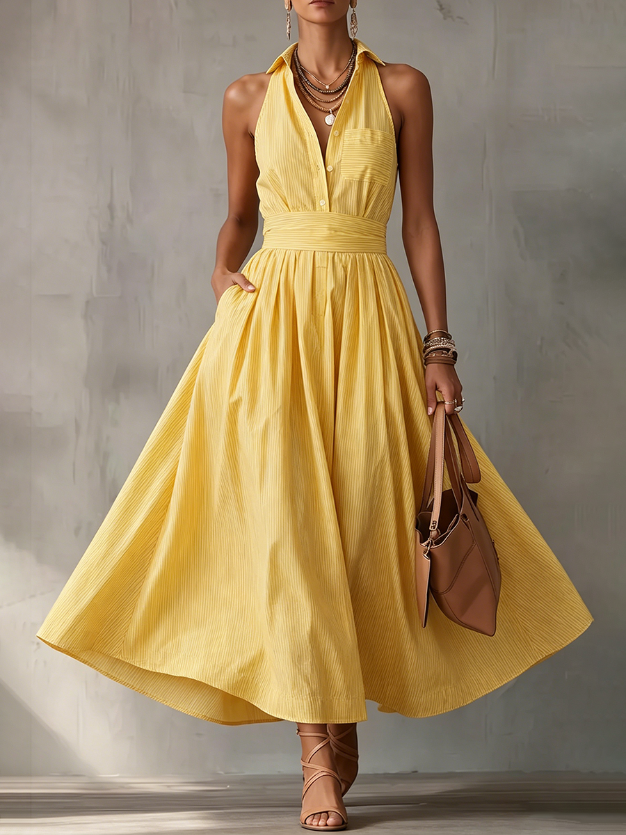 Sonnengelbes Maxikleid mit Streifen – Kreuzfahrt-taugliches Neckholder-Sommerkleid