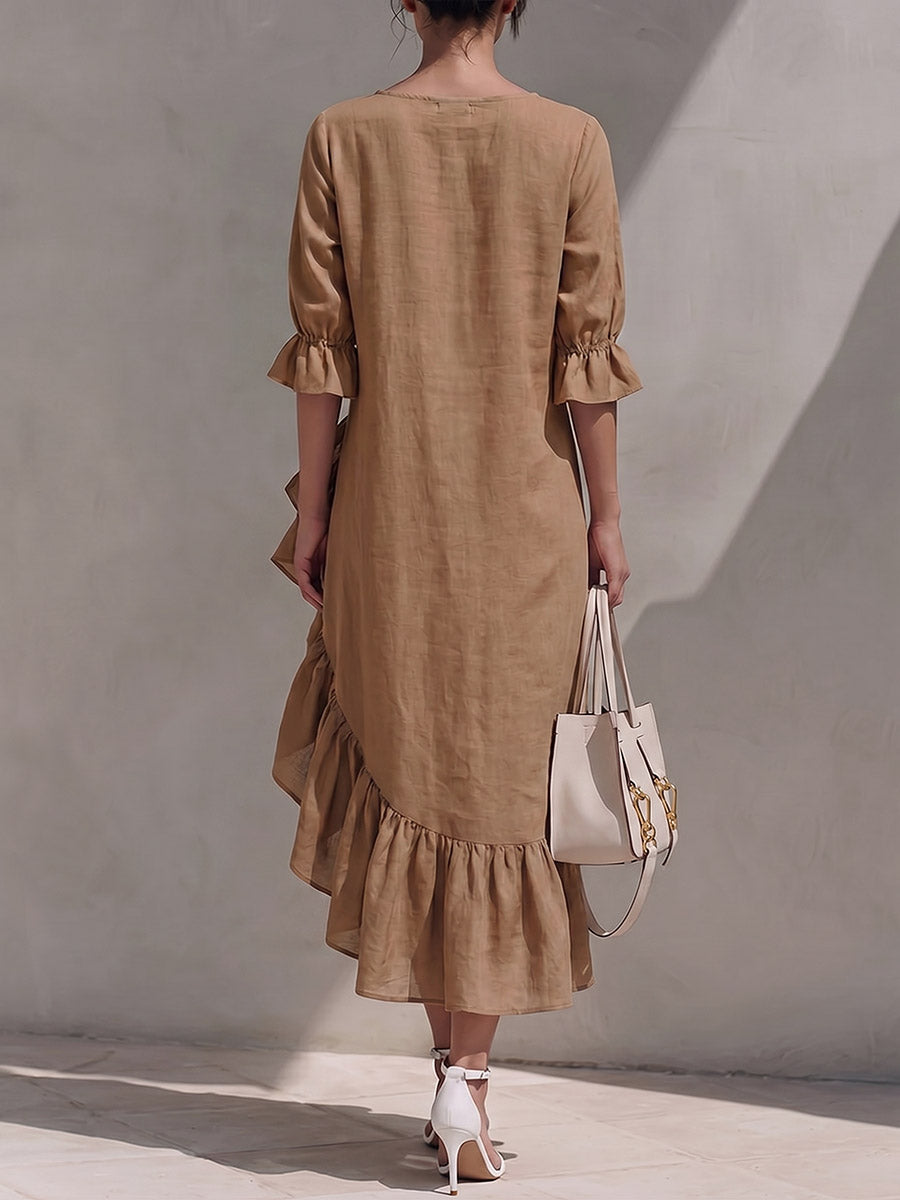 Robe décontractée pour femme en coton-lin, unie, col en V, manches 3/4, coupe ample avec détails à volants