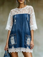Damen Mini-Kleid aus verwaschenem Denim mit Spitzenärmeln