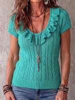 Boho-Chic Türkisfarbenes, kabelgestricktes Top mit Rüschen und V-Ausschnitt