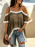 Dames Vintage Luipaardkant Off-Shoulder Top met Onregelmatige Zoom