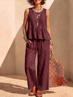 Conjunto para mujer de algodón y lino de color sólido: blusa sin mangas con cuello redondo y ajuste holgado, y pantalones de pierna ancha de talle alto.