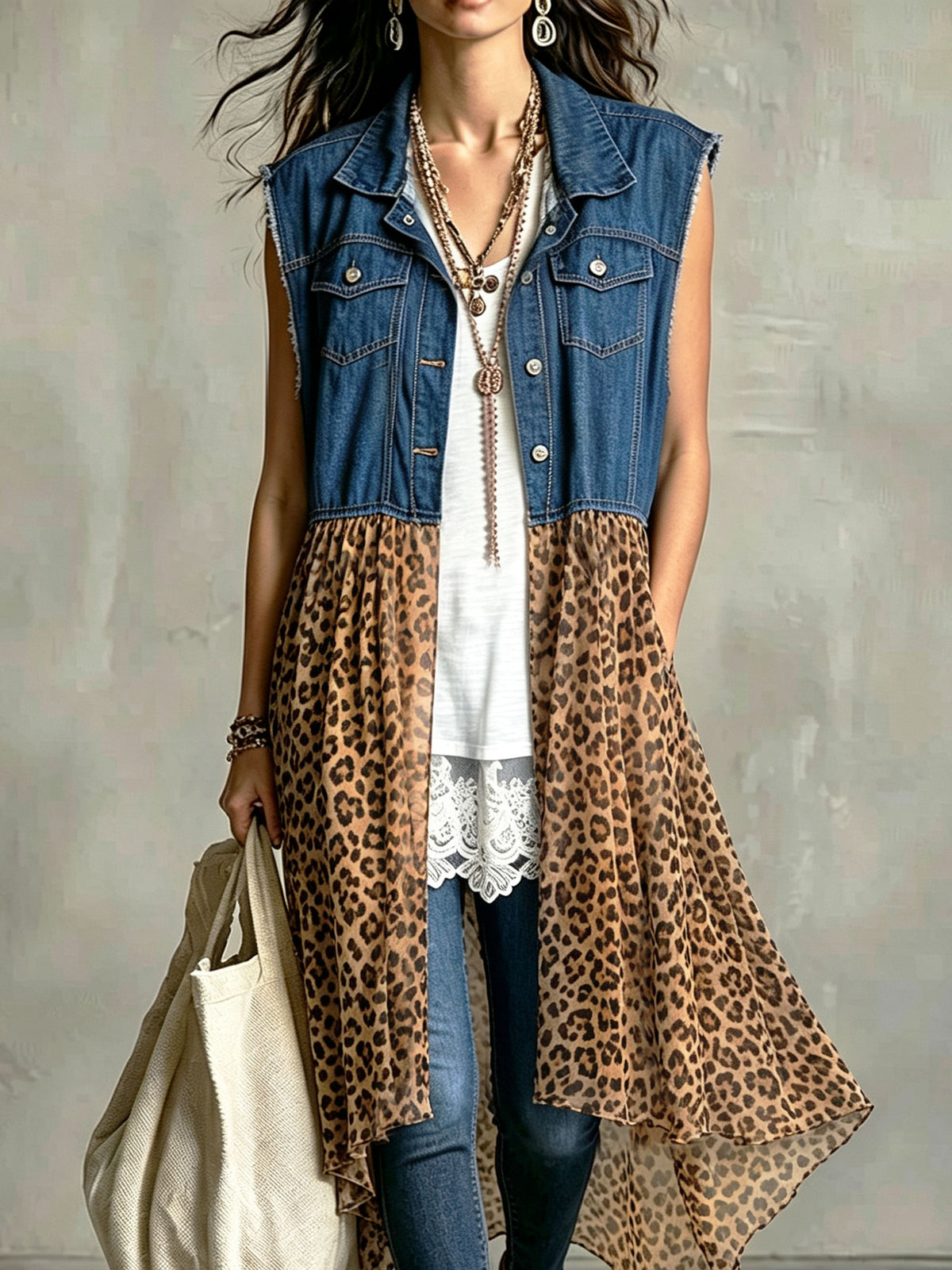 Damen Jeansweste ohne Ärmel mit Leoparden-Chiffon und langem Saum im Patchwork-Cardigan-Stil