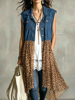Damen Jeansweste ohne Ärmel mit Leoparden-Chiffon und langem Saum im Patchwork-Cardigan-Stil