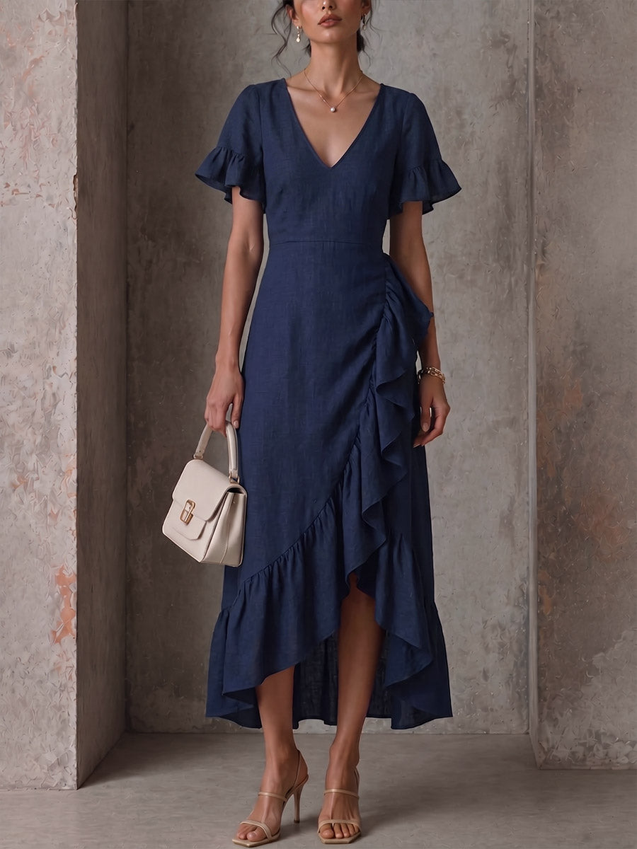Vestido casual solto de algodão e linho para mulher, de cor sólida, com decote em V, mangas curtas e folhos.