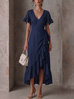 Vestido casual solto de algodão e linho para mulher, de cor sólida, com decote em V, mangas curtas e folhos.