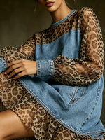 Vestito tunica in denim da donna con pannelli in rete leopardata