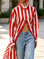 Camisa Casual Estilosa de Manga Comprida com Gola e Padrão Listrado Retro Chic