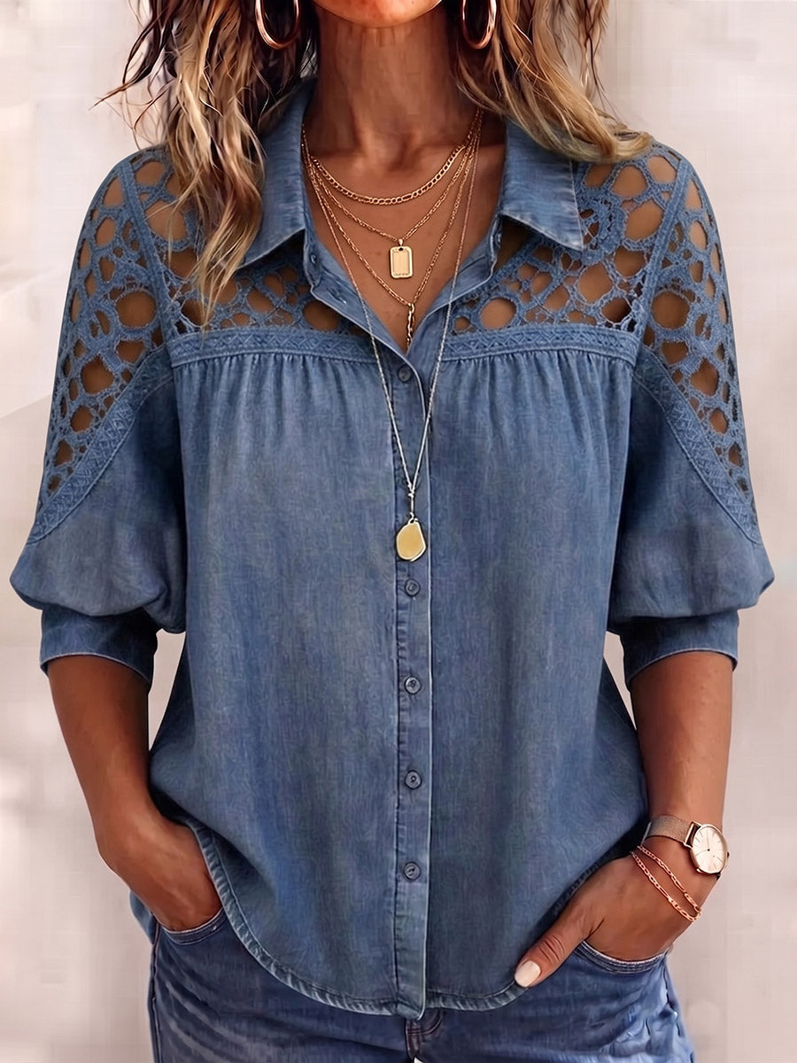 Camisa de encaje calada con parches de mezclilla vintage elegante
