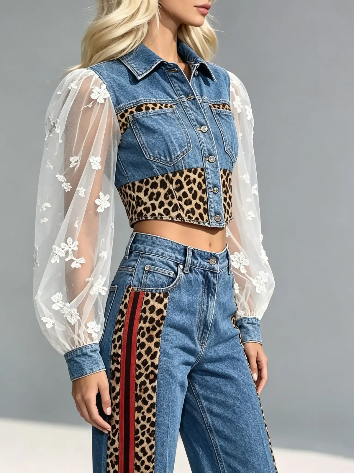 Completo donna con top in denim a maniche a sbuffo in rete a righe leopardate e pantaloni svasati
