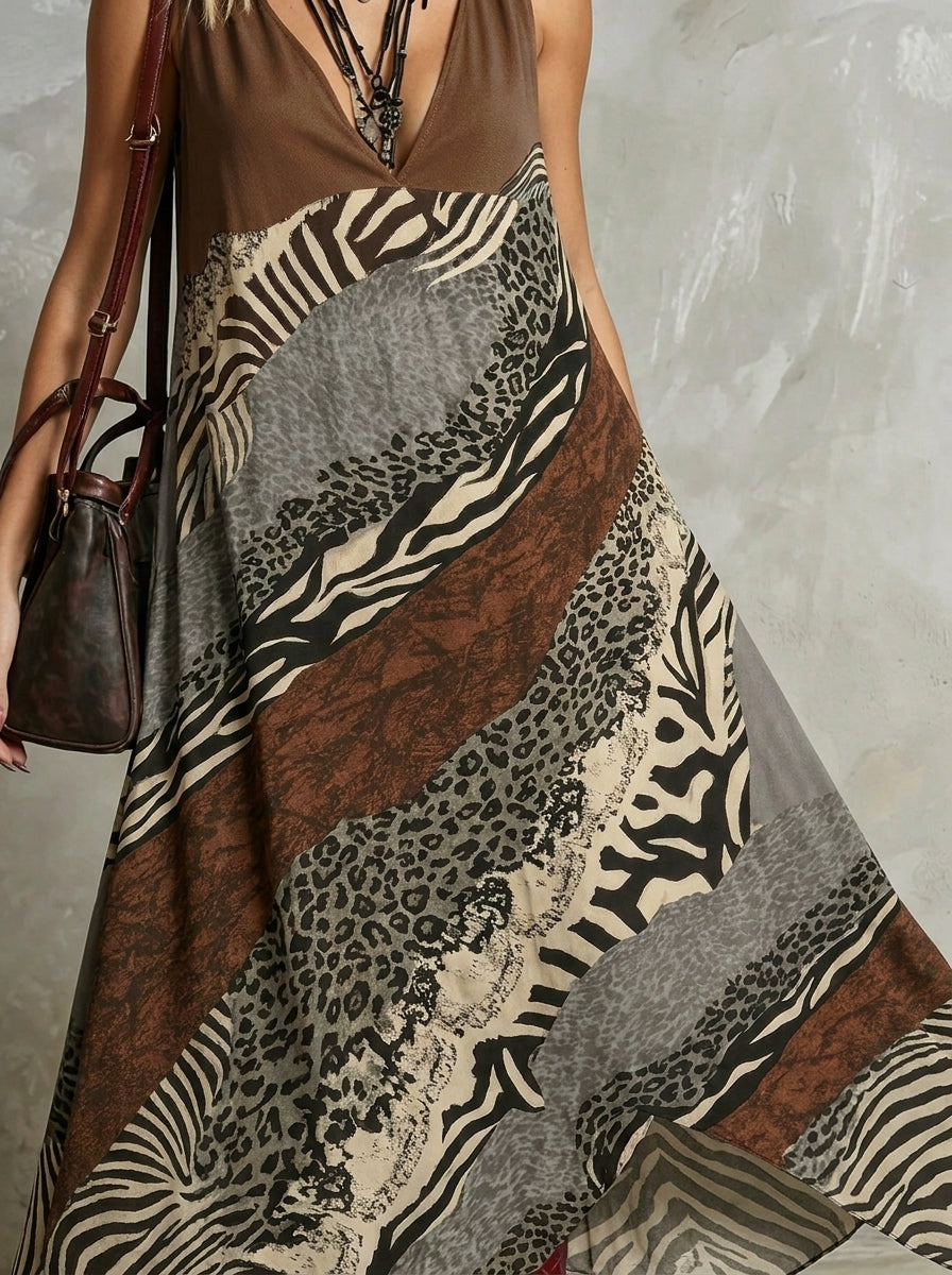 Abito lungo da donna in chiffon senza maniche con scollo a V e stampa mista animalier, con tasche laterali