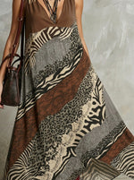 Abito lungo da donna in chiffon senza maniche con scollo a V e stampa mista animalier, con tasche laterali