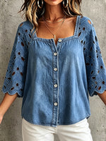 Boho-Chic Blumen-Spitzen-Jeanshemd mit quadratischem Ausschnitt
