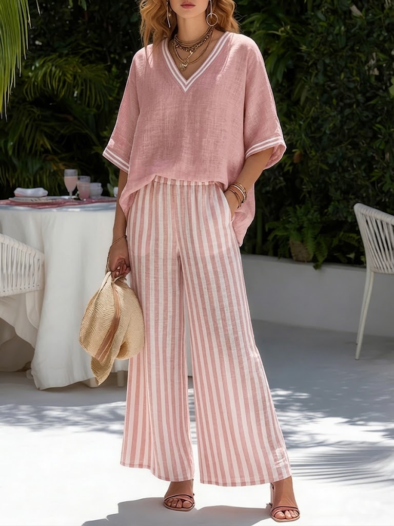Completo casual due pezzi: top patchwork a righe in lino e cotone e pantaloni a righe